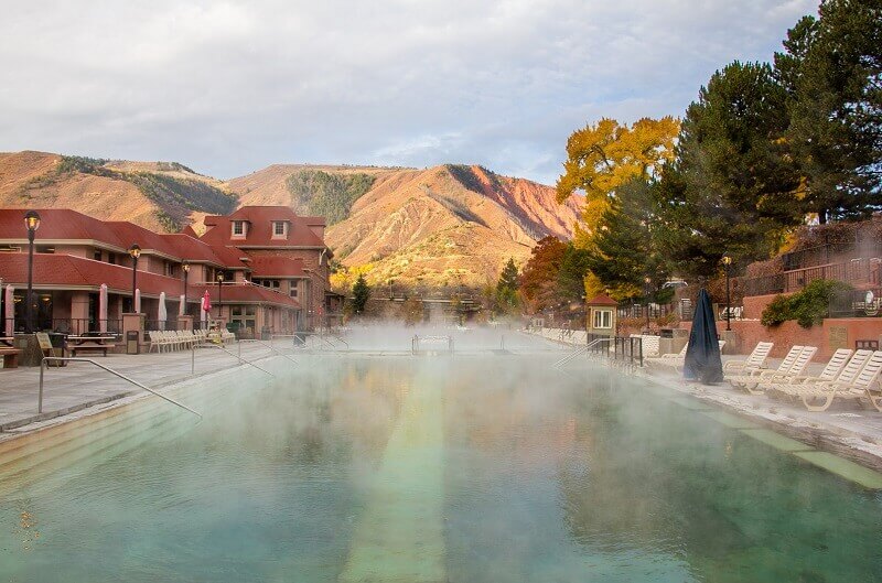 glenwood hot springs pool with steam over water