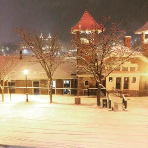 snowy view of the train depot