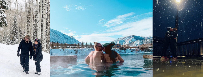 couples in snow, hot springs and downtown