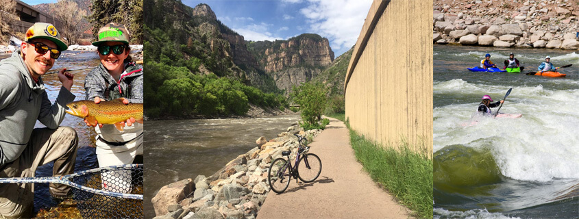 fishing gear, a bicycle on the recreation path, kayakers at the Whitewater park