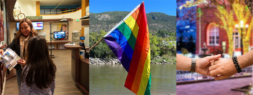 Photo collage showing a mother and daughter, Gay Pride flag, two hands