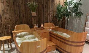 Oak tubs filled for soaking at the Bohemian Bier Spa